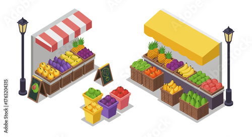 Isometric market stalls with fresh fruits and vegetables under colorful awnings