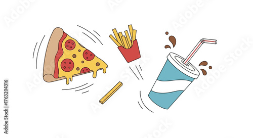 Classic fast food feast a slice of pepperoni pizza crispy french fries and a refreshing soda drink perfect for food photography and menu design isolated on white background