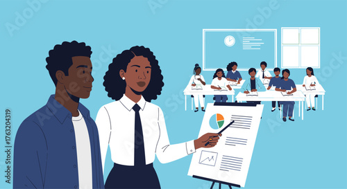 Two Black professionals presenting data in a meeting.