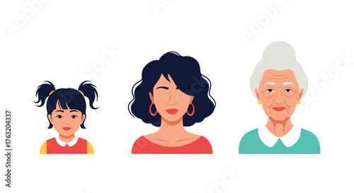 Three women of different ages showing life stages from childhood to old age.