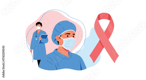 Medical Professionals and Red Ribbon Symbolizing Breast Cancer Awareness.