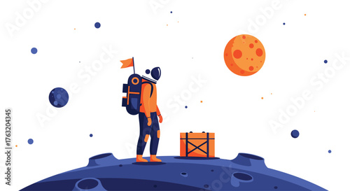 Cartoon astronaut explorer standing on a small celestial body.