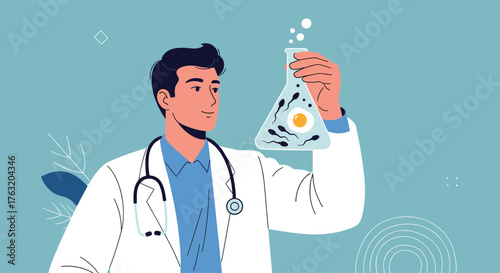 Scientist examining a flask containing sperm and an egg cell for scientific research.