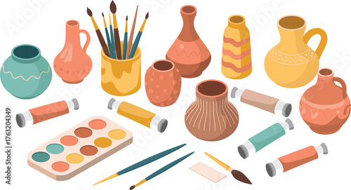 Isometric pottery and painting art illustration showing clay vases, brushes, watercolor paints, and color tubes for creative studio