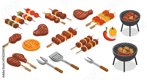 Isometric bbq feast: grilled meats, skewers, and outdoor cooking essentials