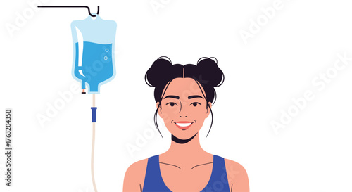Cheerful young woman with an IV drip for wellness and health.