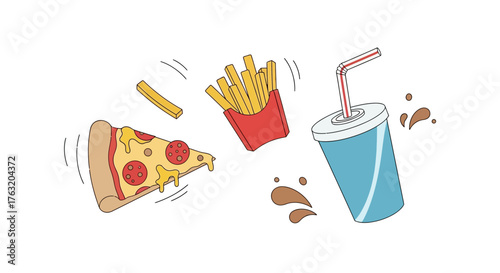 Fast food feast a slice of pizza crispy french fries and a refreshing blue drink with a straw for a quick meal isolated on white background