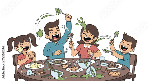Joyful family celebration at dinner table enjoying meal together with laughter and excitement isolated on white background
