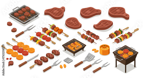 Isometric bbq set with skewers, grills, and meat cuts for culinary design projects