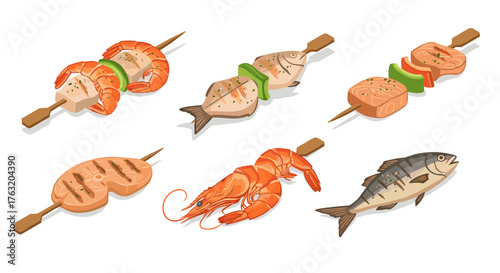 Grilled seafood skewers and fresh fish varieties in isometric style for culinary inspiration