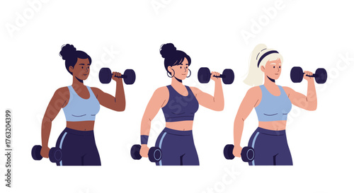 Three diverse women lifting dumbbells for strength training.