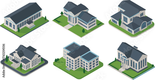 Isometric set of modern buildings illustration showing architectural designs of houses, offices, institutions, and residential structures with greenery