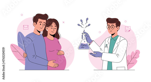Couple expecting baby and scientist researching fertility treatment.