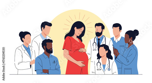Pregnant woman surrounded by medical professionals receiving support and care.