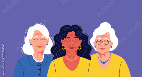 Three diverse senior women standing together with eyes closed.