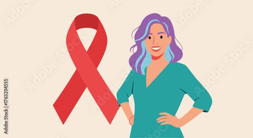 Woman with red ribbon representing awareness and support for health.