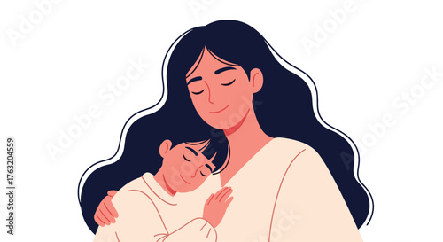 Loving mother tenderly embracing her sleeping child in a gentle hug.
