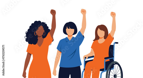 Diverse group of women raising fists for empowerment and solidarity.