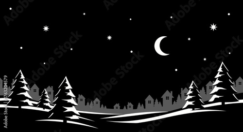 Enchanting winter night scene with crescent moon and starry sky over snow-covered fir trees and forest landscape isolated on white background