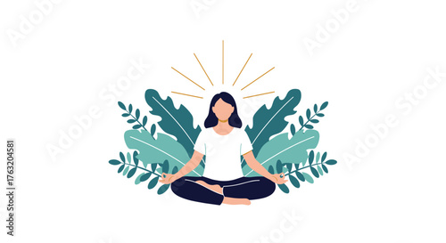 Woman Meditating in Lotus Position Surrounded by Tropical Leaves.