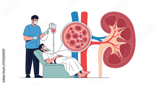 Medical illustration of a patient undergoing treatment for kidney disease.