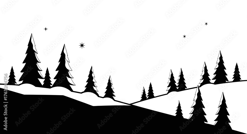 Obraz premium Silhouette of dense coniferous forest with rolling snow-covered hills under a starry night sky creating a serene winter landscape scene isolated on white background
