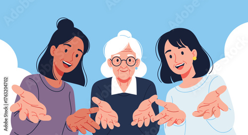 Three women of different generations smiling and reaching out.