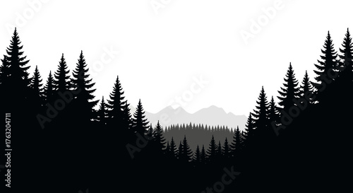 Enchanting silhouette of a lush pine forest landscape under a vast white sky evoking wilderness and nature serenity isolated on white background