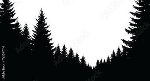 Serene forest canopy silhouette against bright sky evoking nature serenity tranquility and outdoor adventure isolated on white background