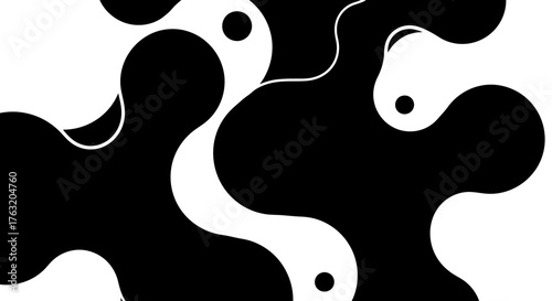 Dynamic abstract black and white interlocking shapes with yin yang elements and organic flow for modern designs isolated on white background