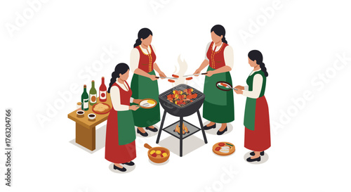 Traditional group barbecue with women in folk dresses around grill