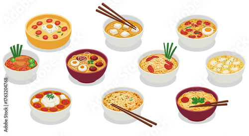 Isometric collection of diverse ramen bowls featuring toppings and chopsticks
