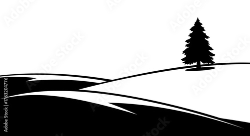 Stylized black ink brushstrokes depicting a snowy landscape with a solitary pine tree minimalist winter scene isolated on white background
