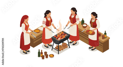 Women in traditional clothing grilling skewers at outdoor feast in isometric style