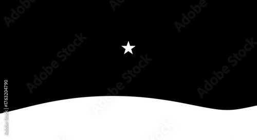 Minimalist night sky scene with a lone star shining above a snowy landscape during twilight or darkness isolated on white background