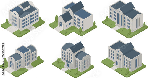 Isometric set of modern buildings illustration showing architectural designs of houses, offices, institutions, and residential structures with greenery