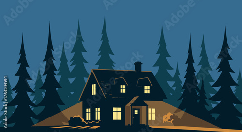 Cozy winter cabin nestled among evergreen trees illuminated by warm interior light under a starry night sky isolated on white background