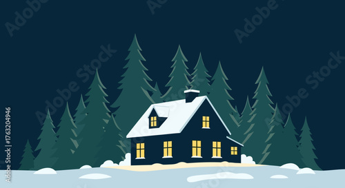 Cozy winter cabin in snowy forest at night with warm light emitting from windows isolated on white background