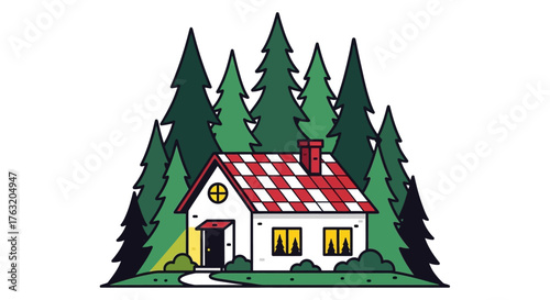 Cozy log cabin nestled amongst tall evergreen trees in a tranquil forest setting ideal for outdoor lifestyle and nature themes isolated on white background