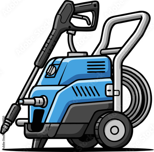 Detailed Illustration of a Blue and Black Pressure Washer with Hose and Gun.