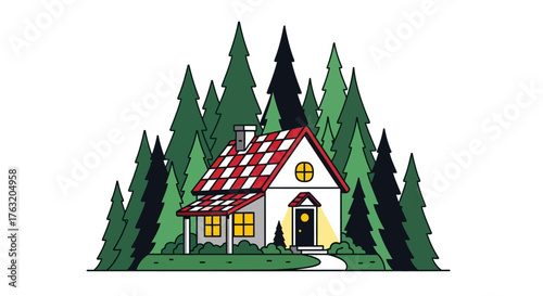 Cozy a-frame cabin nestled among tall pine trees in a serene forest landscape a charming rural dwelling for nature lovers isolated on white background