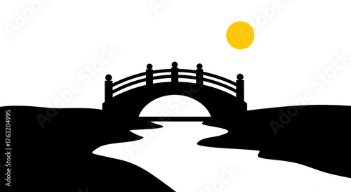 Serene japanese garden bridge arching over a winding stream under a bright sun evoking tranquility and nature's beauty isolated on white background