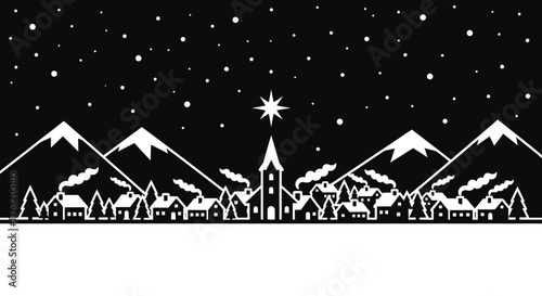 Starry winter village nativity scene christmas celebration peaceful night snow-capped mountains sacred star over church silhouette festive holiday atmosphere isolated on white background