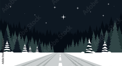 Winter night road journey through snowy forest under starry sky with distant lights evoking serene atmosphere and adventure isolated on white background