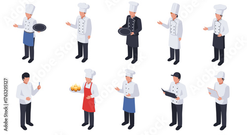 Diverse chefs in isometric style displaying culinary skills and attire