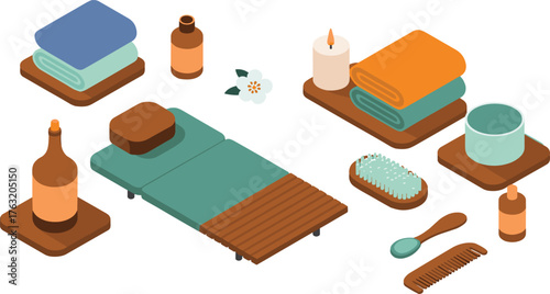 Isometric spa and wellness illustration with massage bed, towels, candles, essential oils, hairbrush, aromatherapy items, and relaxation concept