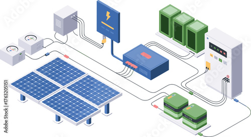 Isometric solar energy system illustration with solar panels, inverter, batteries, power controller, renewable electricity generation and eco friendly technology