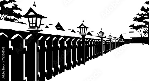 Serene winter pathway lined with traditional japanese lanterns and a picket fence overlooked by silhouetted trees and buildings isolated on white background
