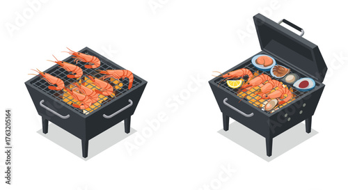Isometric bbq grill with shrimp and seafood variety