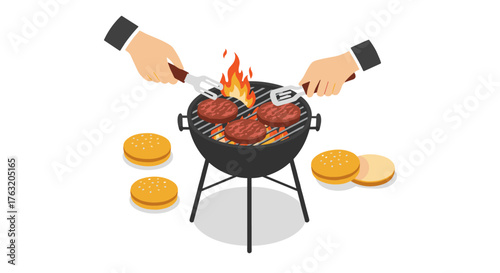 Isometric bbq cooking scene with grilled burgers and hands flipping patties